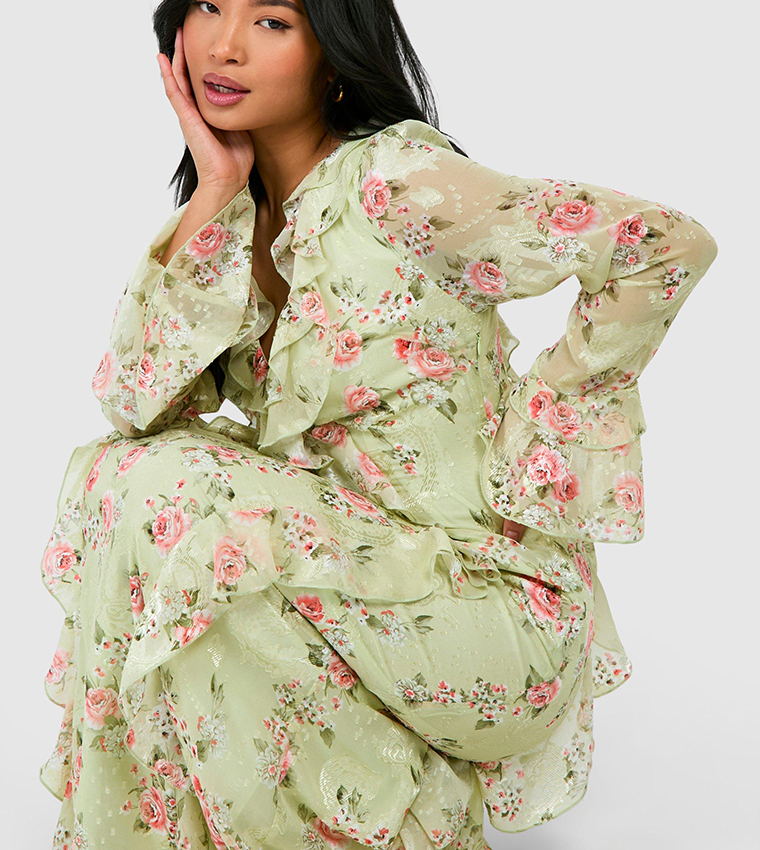 Buy Boohoo Petite Ruffle Floral Jacquard Chiffon Maxi Dress In
