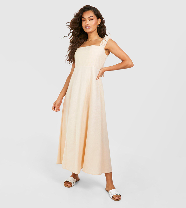 Buy Boohoo Linen Split Maxi Dress In Beige | 6thstreet Oman Buy Boohoo Linen Split Maxi Dress In Beige | 6thstreet Oman