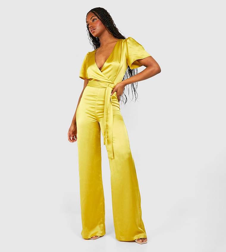 Buy Boohoo Tall Occasion Satin Wrap Wide Leg Jumpsuit In Green