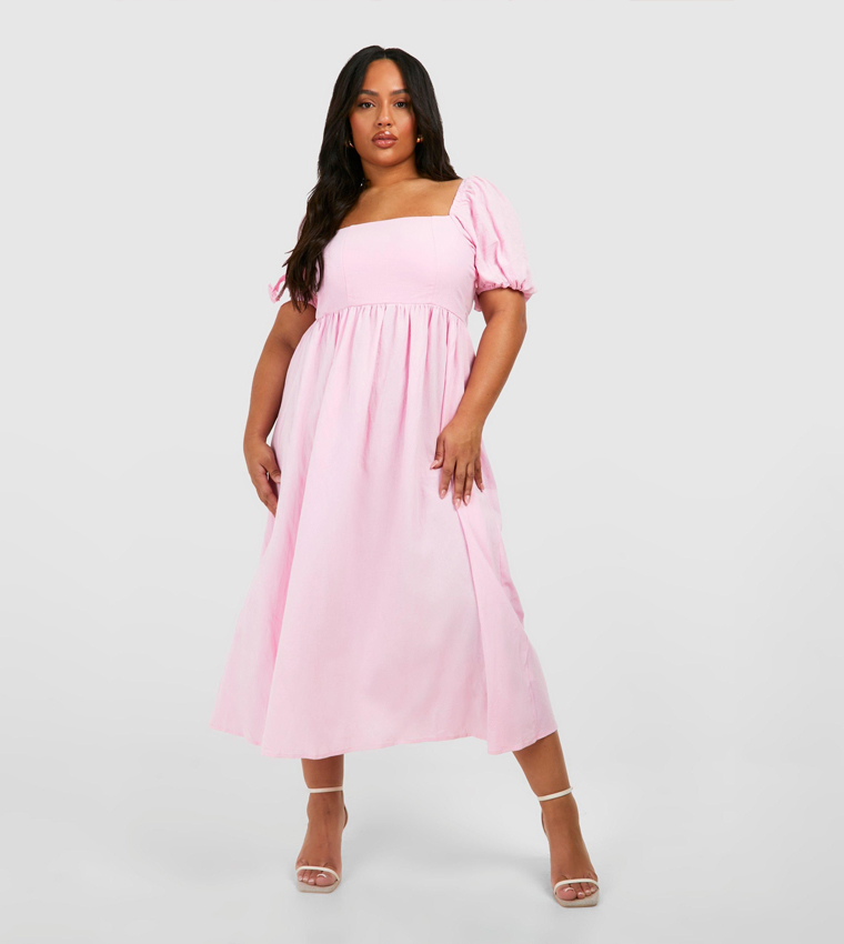 boohoo pink dress plus size boohoo Women's Plus Cotton Ruched Bust Shoulder Tie Mini Dress in Baby Pink | Size: 12