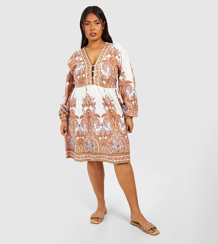 Buy Boohoo Curve Woven Paisley Print Smock Dress In Multiple