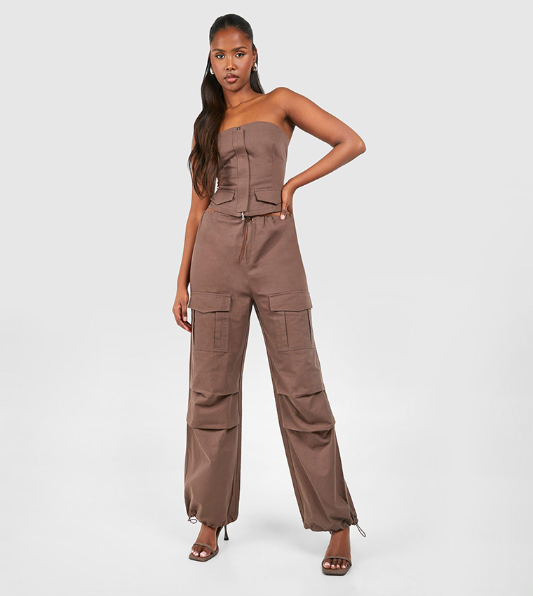 Low Rise Wide Leg Parachute Cargo Trousers