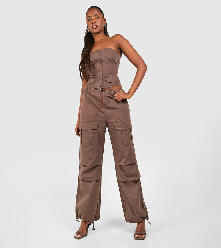 Buy Boohoo Low Rise Wide Leg Parachute Cargo Trousers In CHOCOLATE