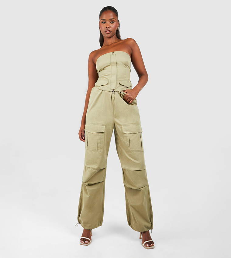 Low Rise Wide Leg Parachute Cargo Trousers