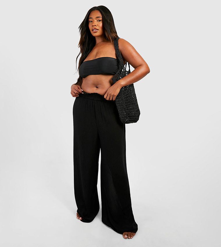 Buy Boohoo Plus Textured Rayon Beach Trousers In Black 6thStreet