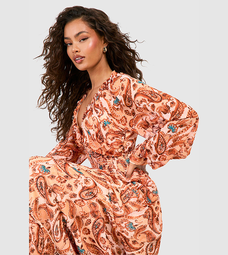 Paisley Print Long Sleeves Maxi Dress