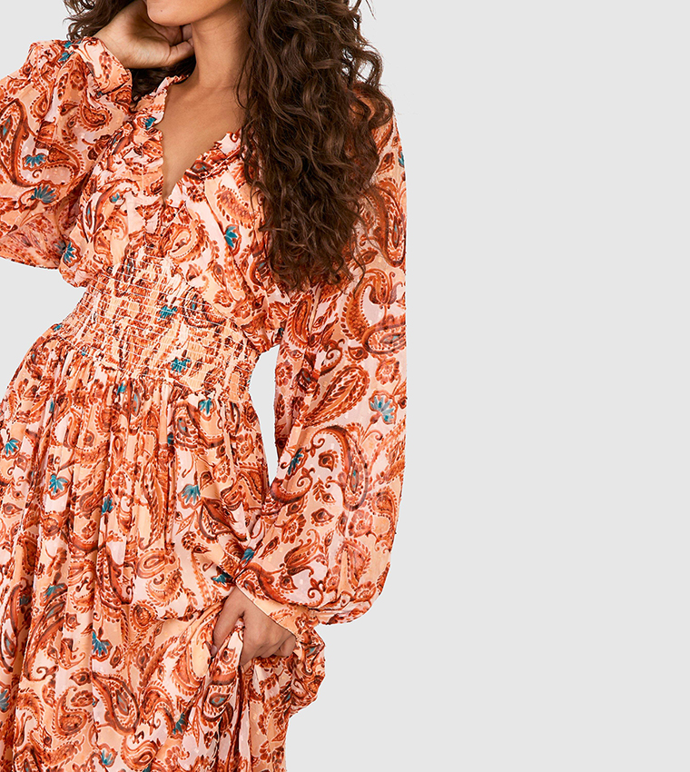 Paisley Print Long Sleeves Maxi Dress