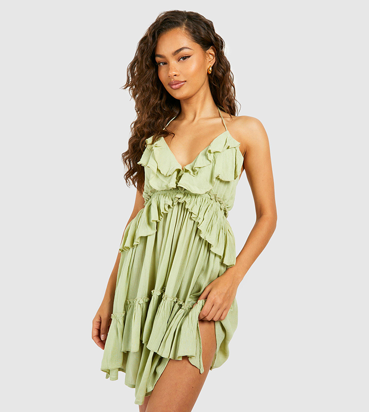 Buy Boohoo Ruffle Smock Mini Dress In Khaki 6thStreet Bahrain