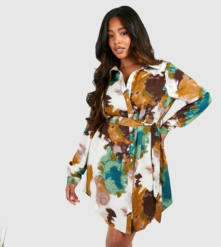 Plus Printed Tie Belt Shirt Dress