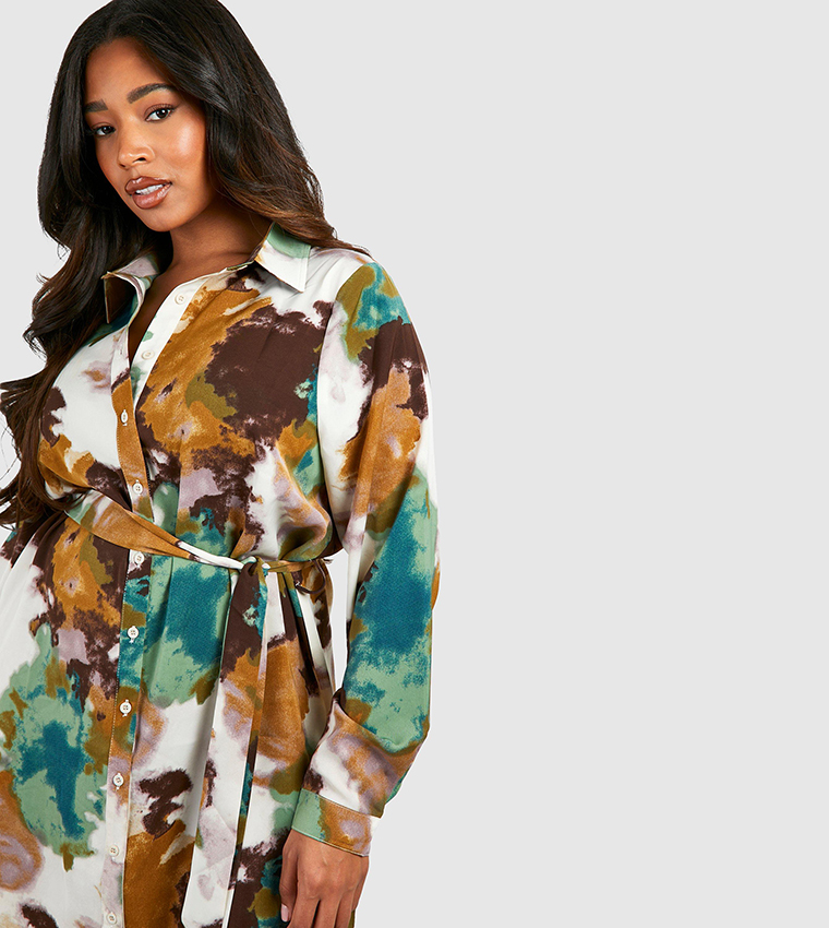 Plus Printed Tie Belt Shirt Dress