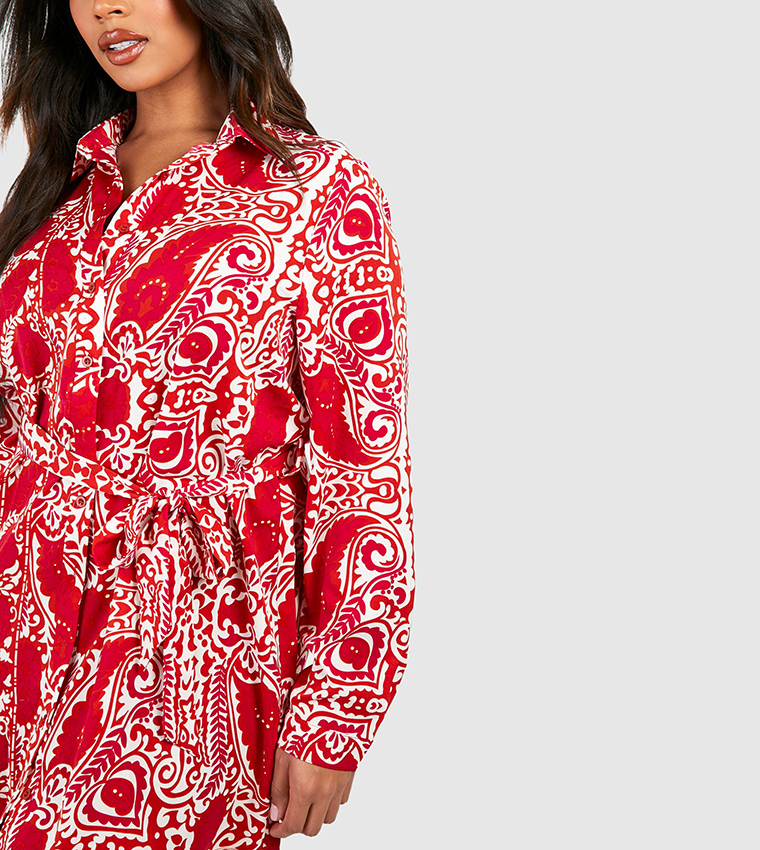 boohoo paisley shirt dress Brown Paisley Belted Shirt Dress