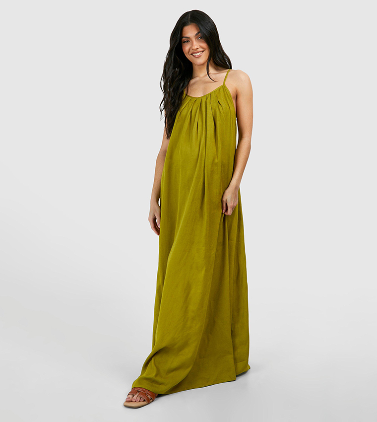 boohoo green maternity dress Buy Linen Strappy Maxi In Multi-tone puff-sleeve mini dress for formal events