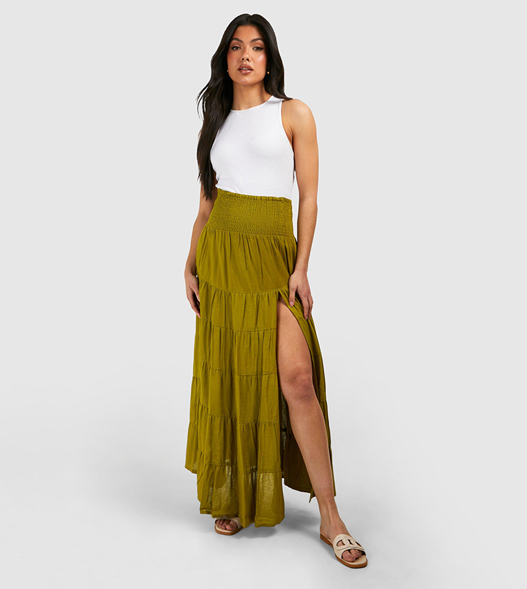 Buy Boohoo Maternity Shirred Tiered Maxi Skirt In Khaki 6thStreet Bahrain