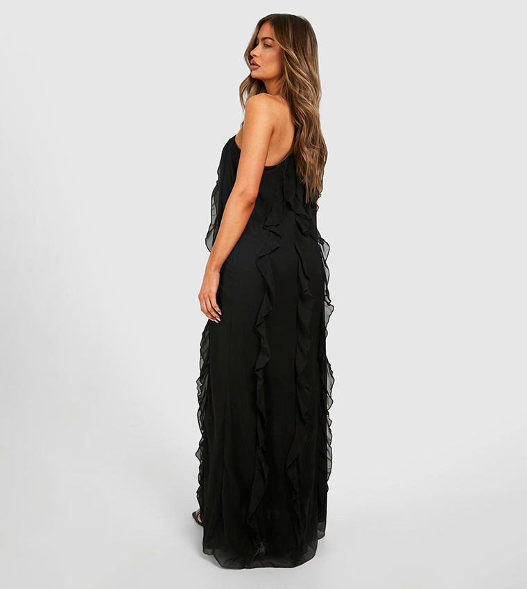 Buy Boohoo Chiffon Ruffle One Shoulder Maxi Dress In Black | 6thStreet ...