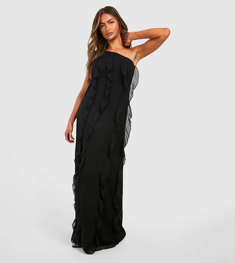 Buy Boohoo Chiffon Ruffle One Shoulder Maxi Dress In Black | 6thStreet ...