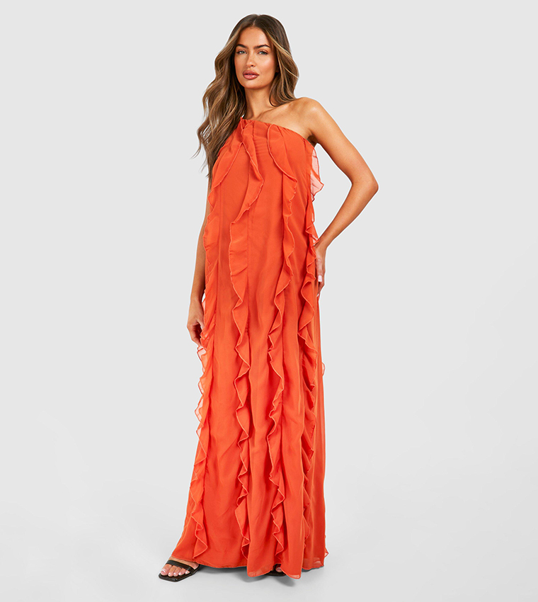 boohoo orange ruffle dress Red Orange Chiffon High Split Ruffle Maxi Dress