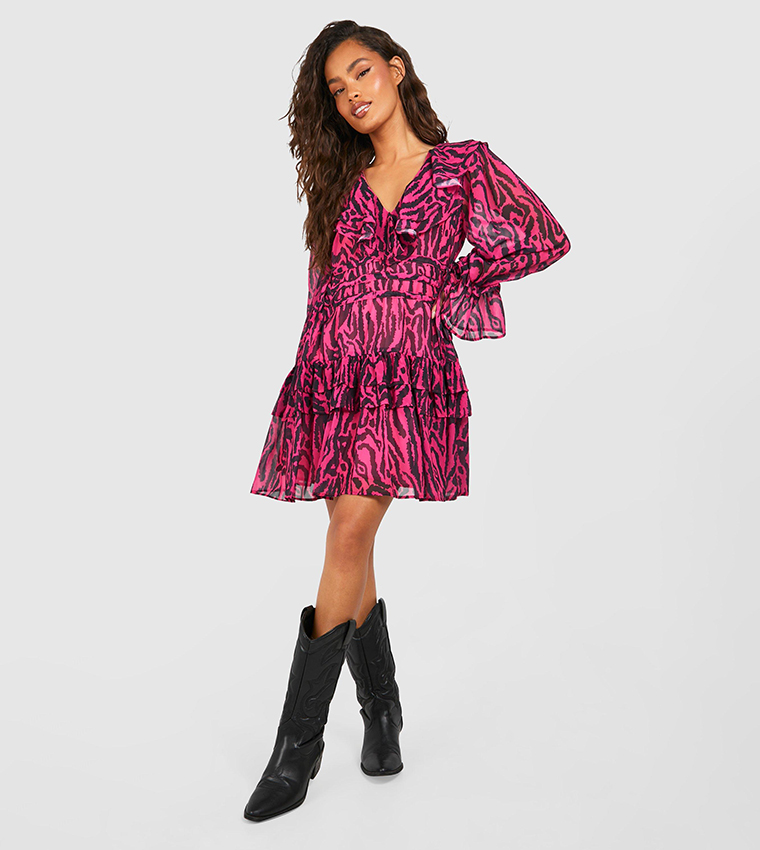 Buy Boohoo Animal Print Chiffon Ruffle Smock Dress In Pink | 6thstreet  Saudi Arabia