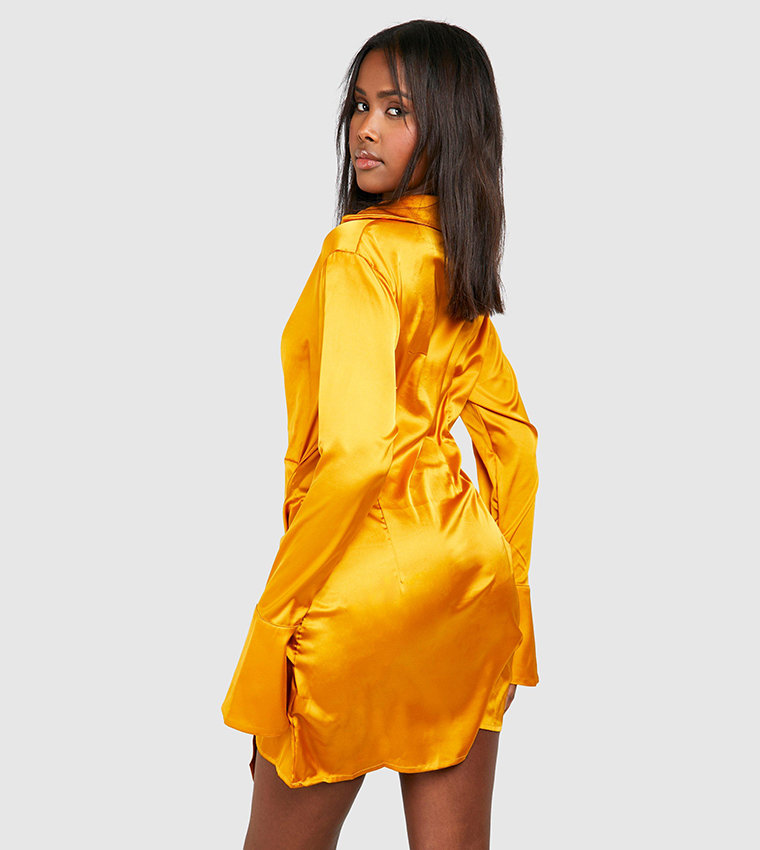 Buy Boohoo Satin Tie Waist Shirt Dress In Gold 6thStreet Bahrain