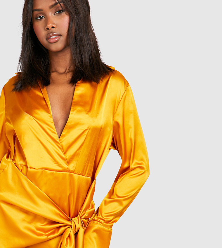 gold satin shirt dress Gold Satin Draped Shirt Dress