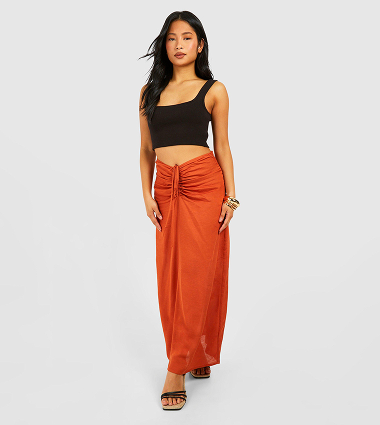 Buy Boohoo Petite Linen Gathered Maxi Skirt In Orange 6thStreet Bahrain