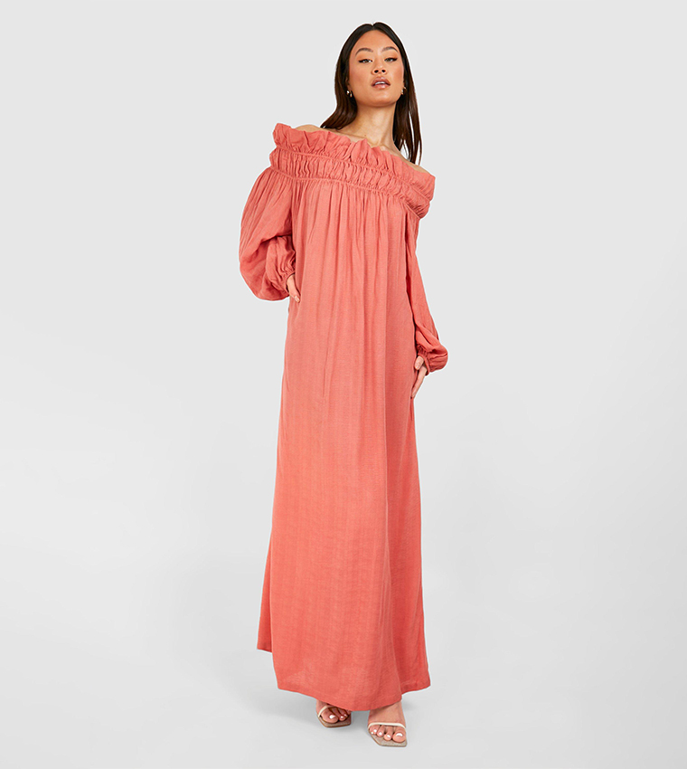 Buy Boohoo Tall Shirred Bardot Maxi Dress In Pink 6thStreet Kuwait