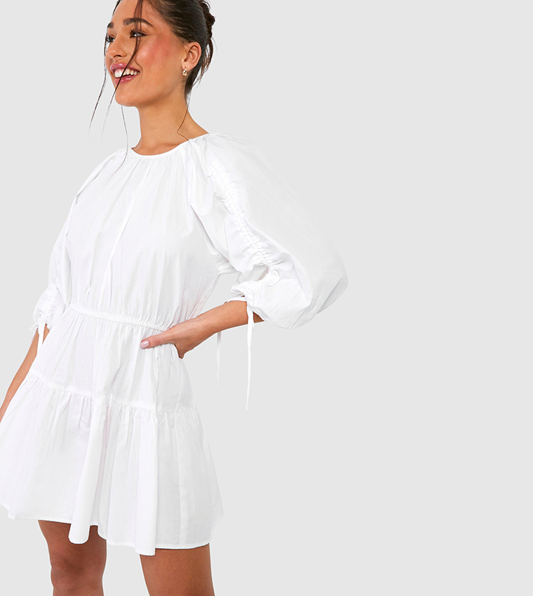 Buy Boohoo Petite Puff Sleeves Poplin Mini Dress In White