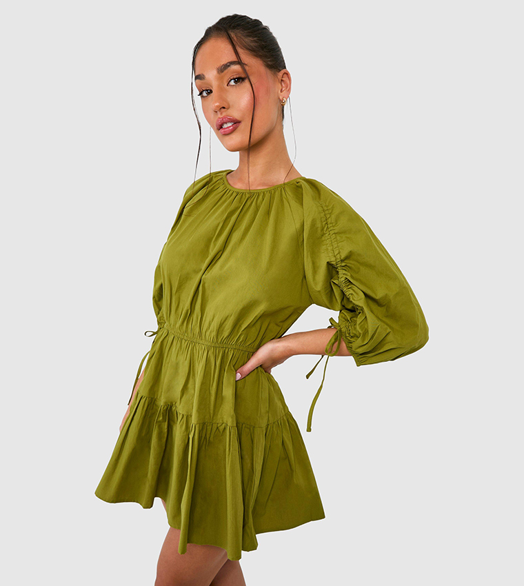 Buy Boohoo Petite Puff Sleeves Poplin Mini Dress In Green