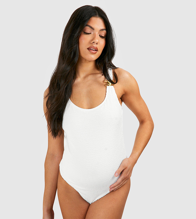 Buy Boohoo Crinkle O Ring Scoop Neck Maternity Swimsuit In White