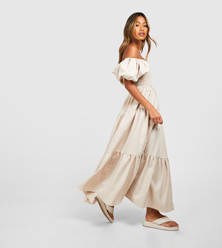 Buy Boohoo Tiered Shirred Midaxi Smock Dress In Beige
