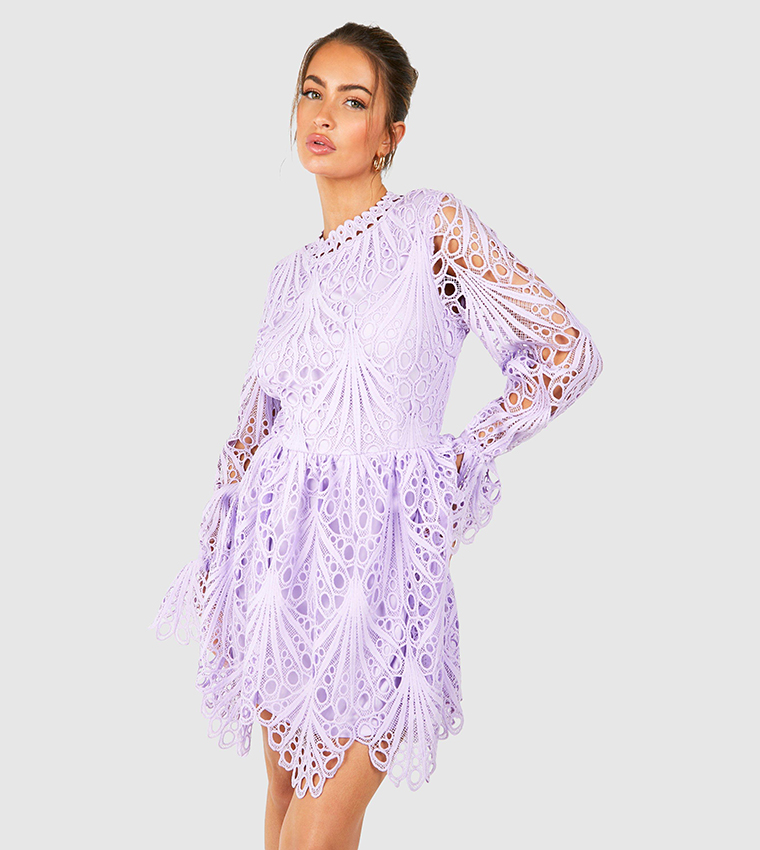 Buy Boohoo High Neck Flared Sleeves Lace Skater Dress In Purple