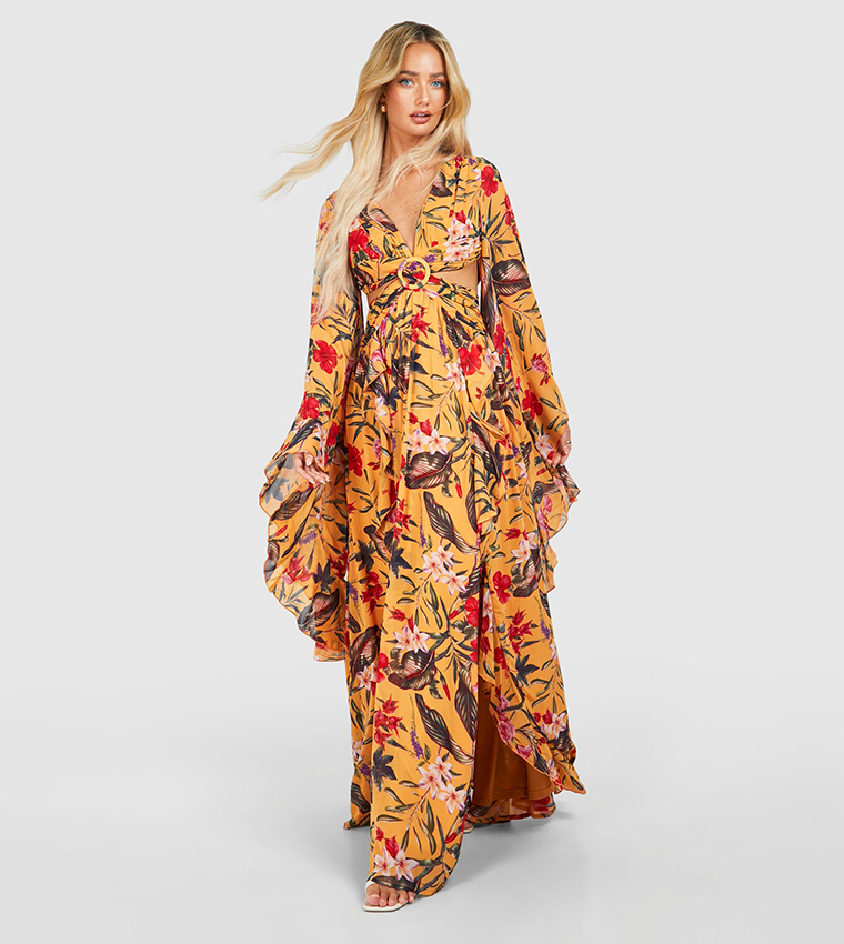 chinese dress ladies Nancy Floral Chiffon Cut Out Long Sleeve Maxi Dress L / US 10-12