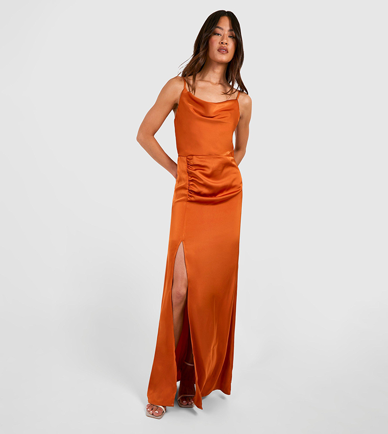 ORANGE FARM CLOTHING Satin Floral Print Cowl Neck Cocktail Dress with Adjustable Straps