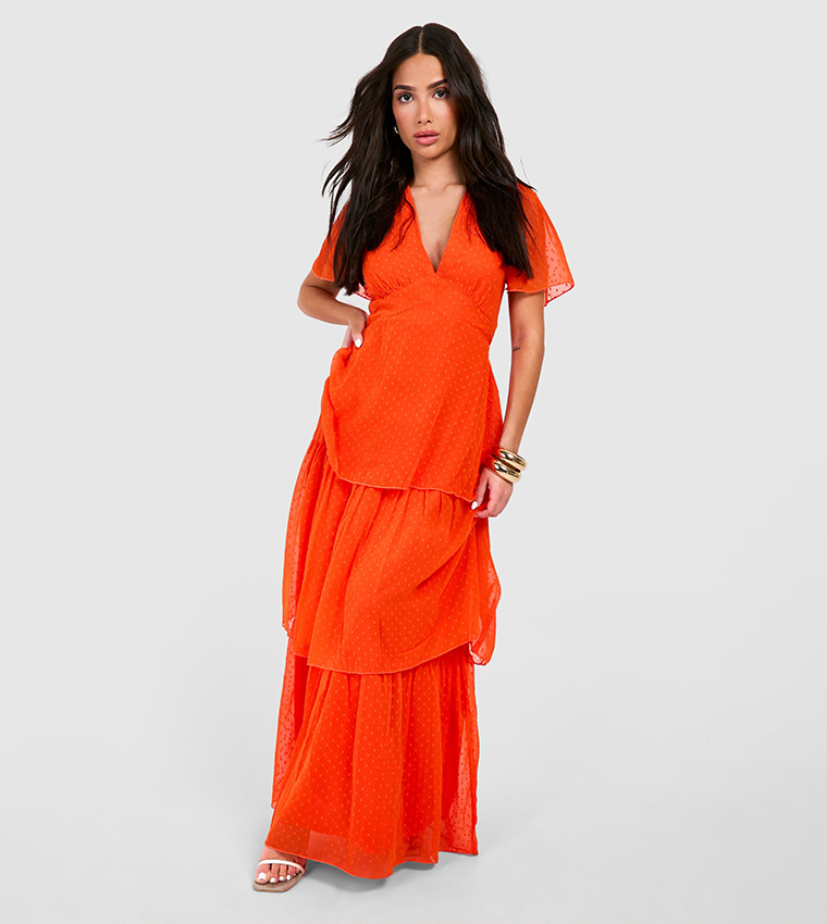 sachin and babi light blue dress boohoo Printed Chiffon Ruffle Maxi Dress