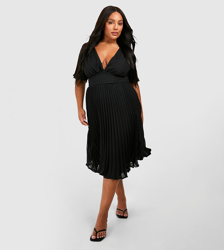 Buy Boohoo Curve Textured Chiffon Midi Skater Dress In Black