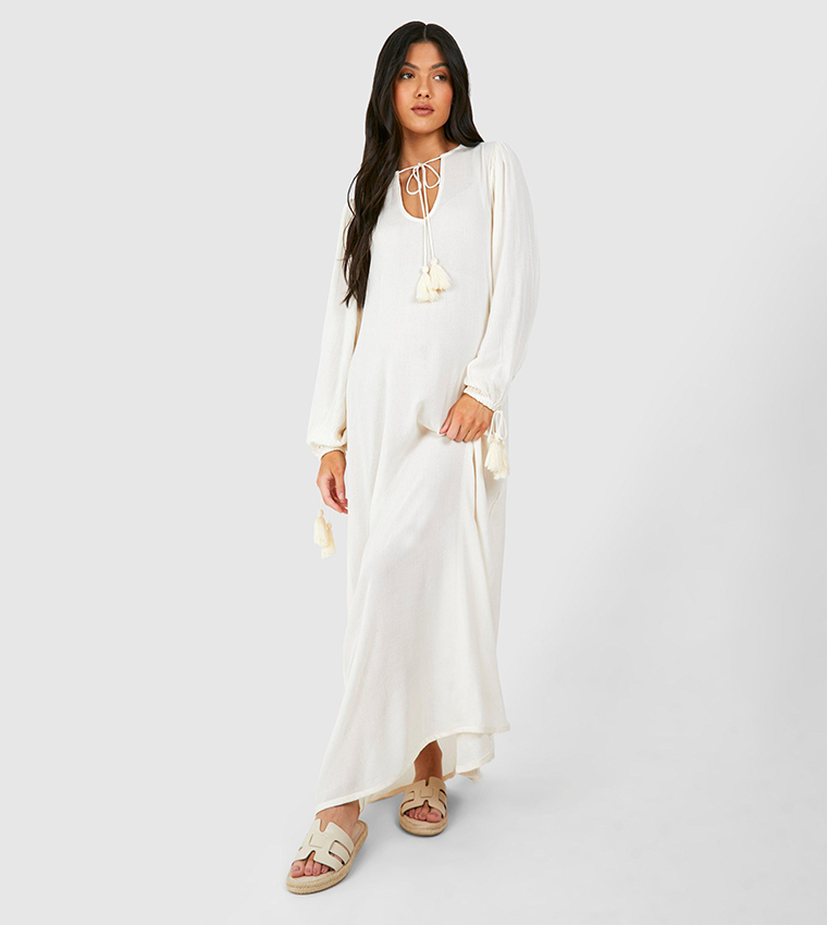 Buy Boohoo Cheesecloth Tassel Maternity Beach Dress In White | 6thstreet  Qatar