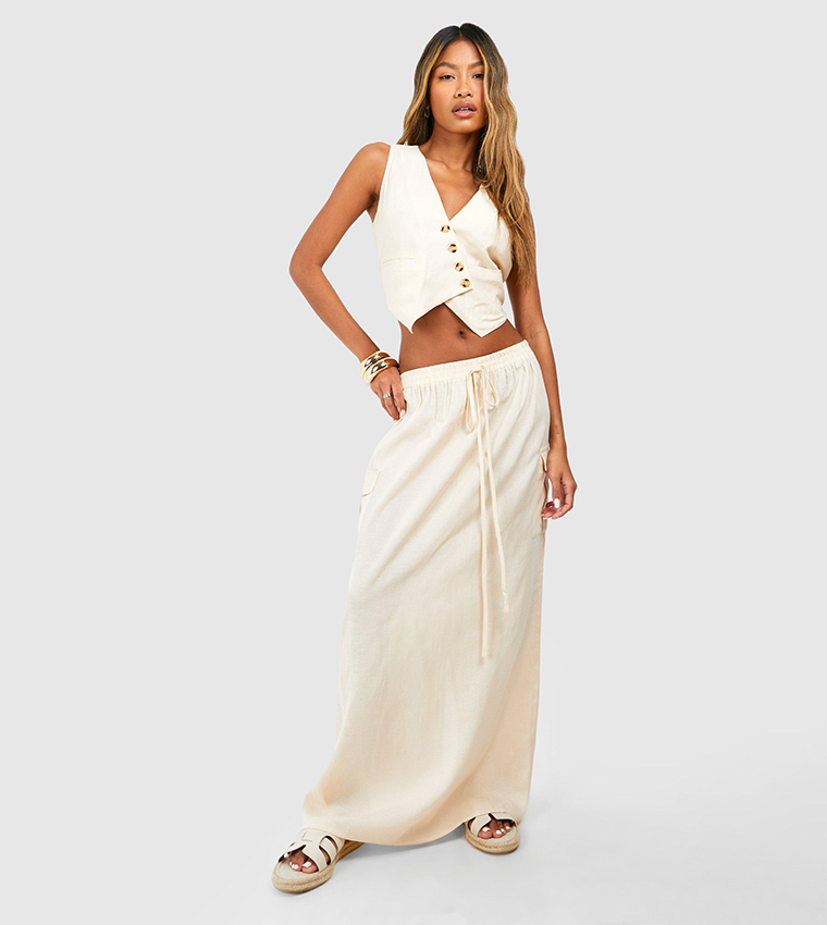 Linen Look Cargo Column Maxi Skirt