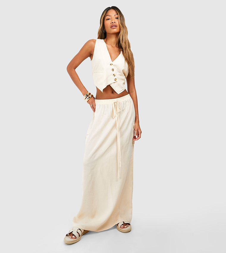 Linen Look Cargo Column Maxi Skirt