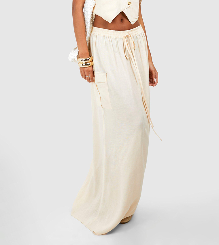 Linen Look Cargo Column Maxi Skirt