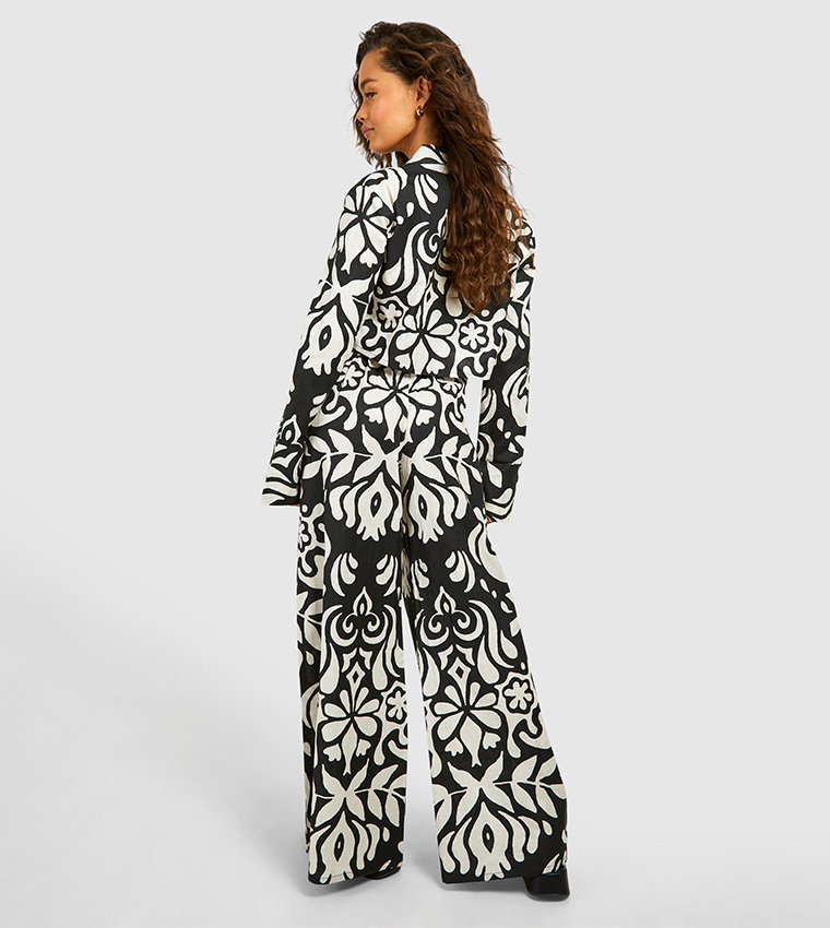 Mono Print Linen Look Wide Leg Trousers
