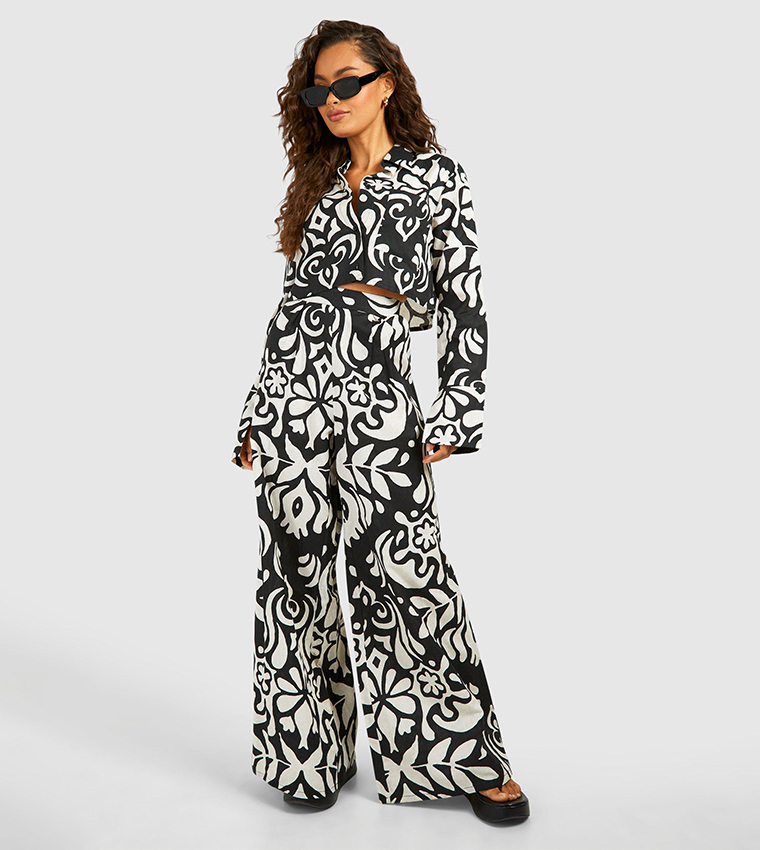 Mono Print Linen Look Wide Leg Trousers