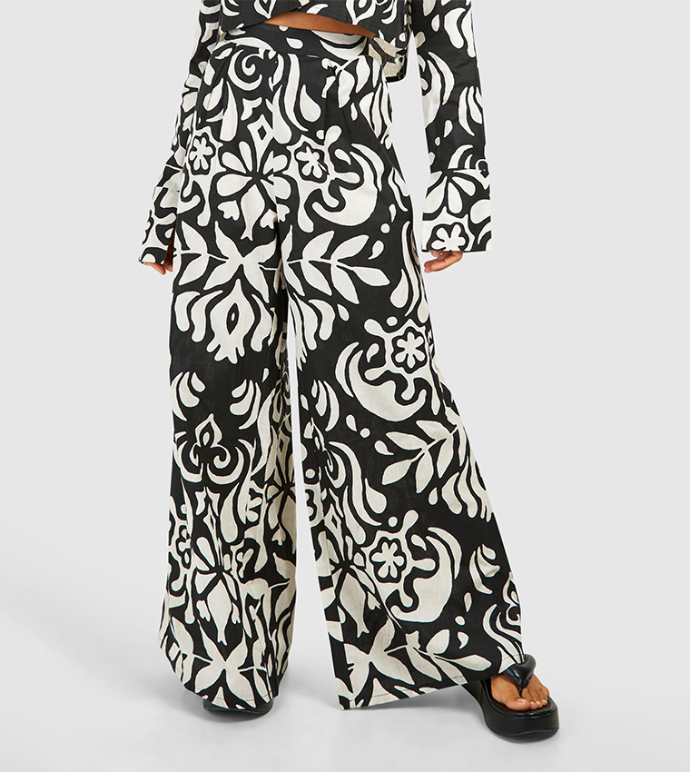 Mono Print Linen Look Wide Leg Trousers