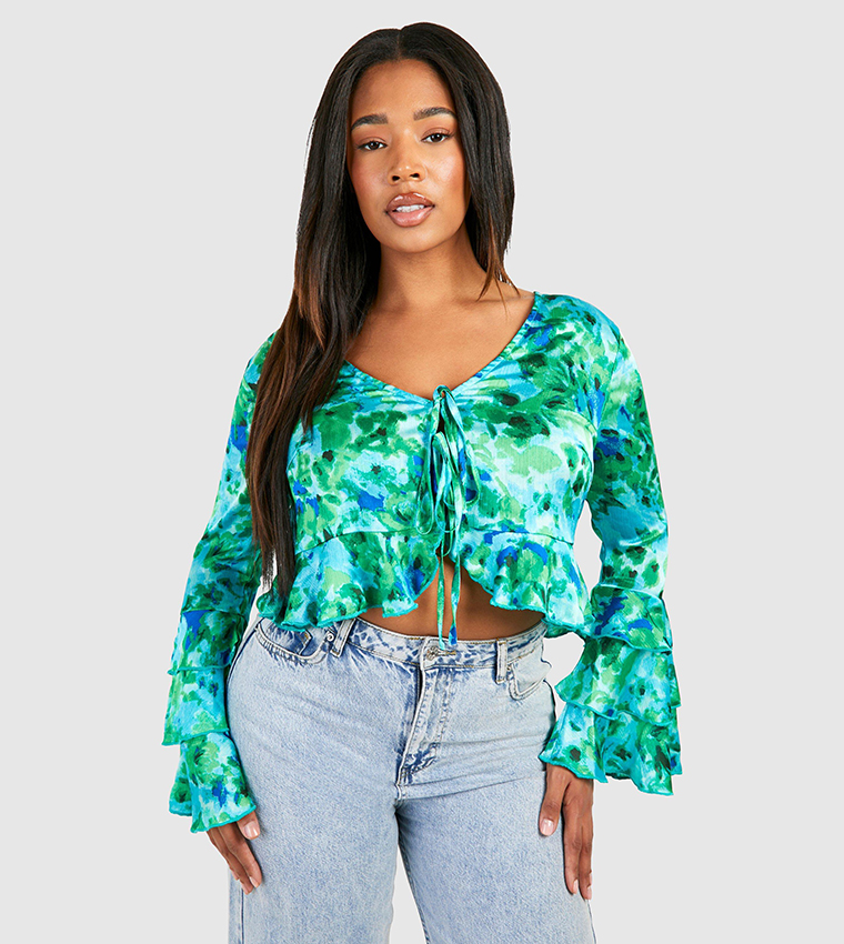 Buy Boohoo Curve Rose Print Ruffled Top In Blue 6thStreet Bahrain