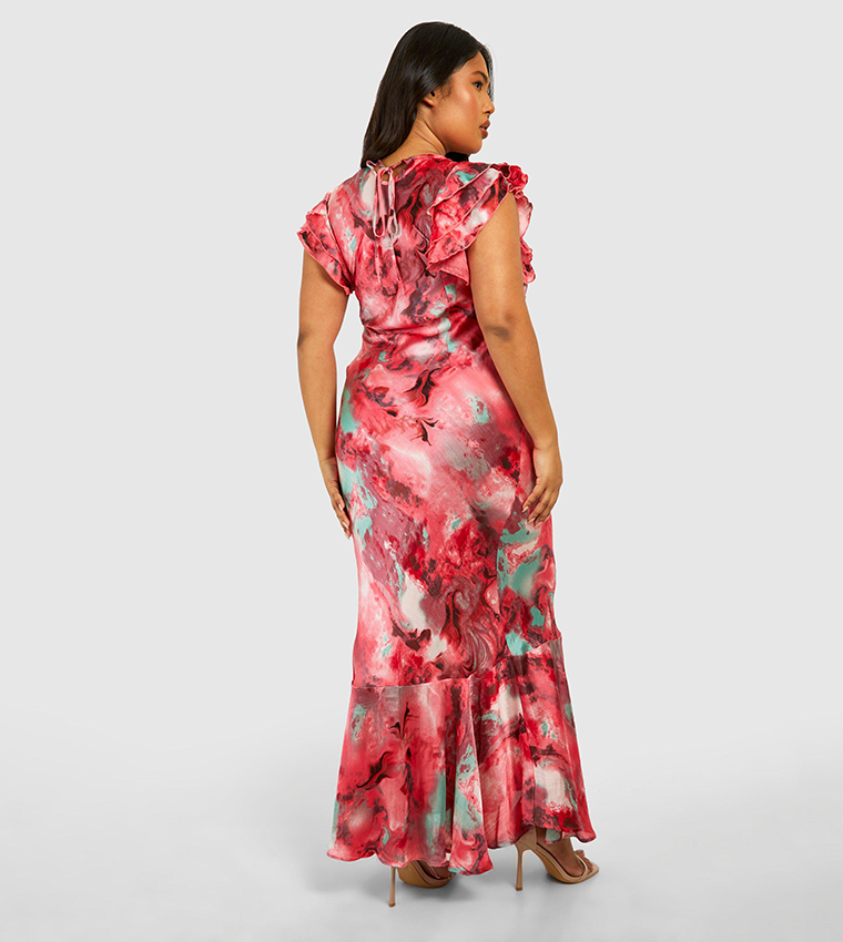 Marble Satin Ruffle Sleeves Maxi Dress