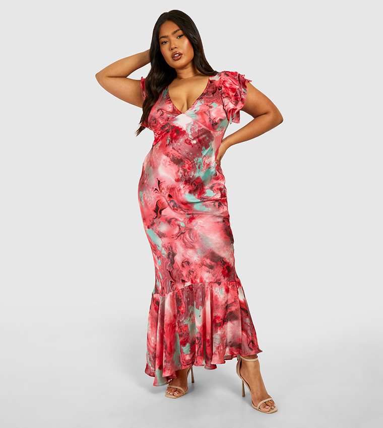 Marble Satin Ruffle Sleeves Maxi Dress