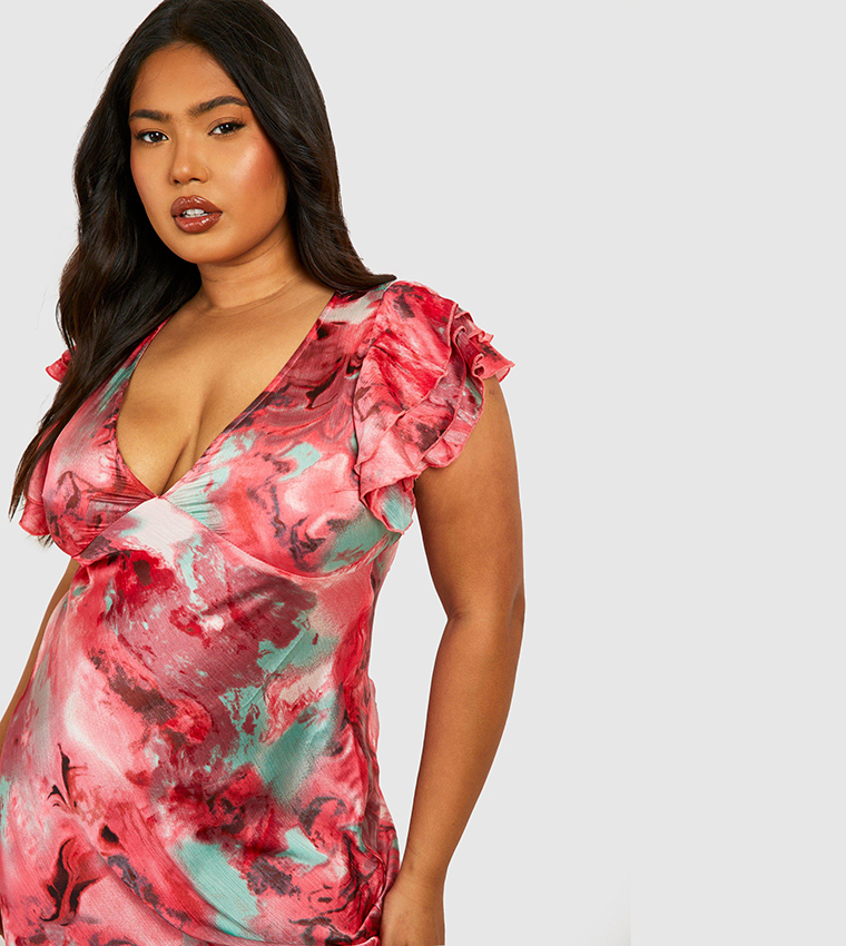 Marble Satin Ruffle Sleeves Maxi Dress