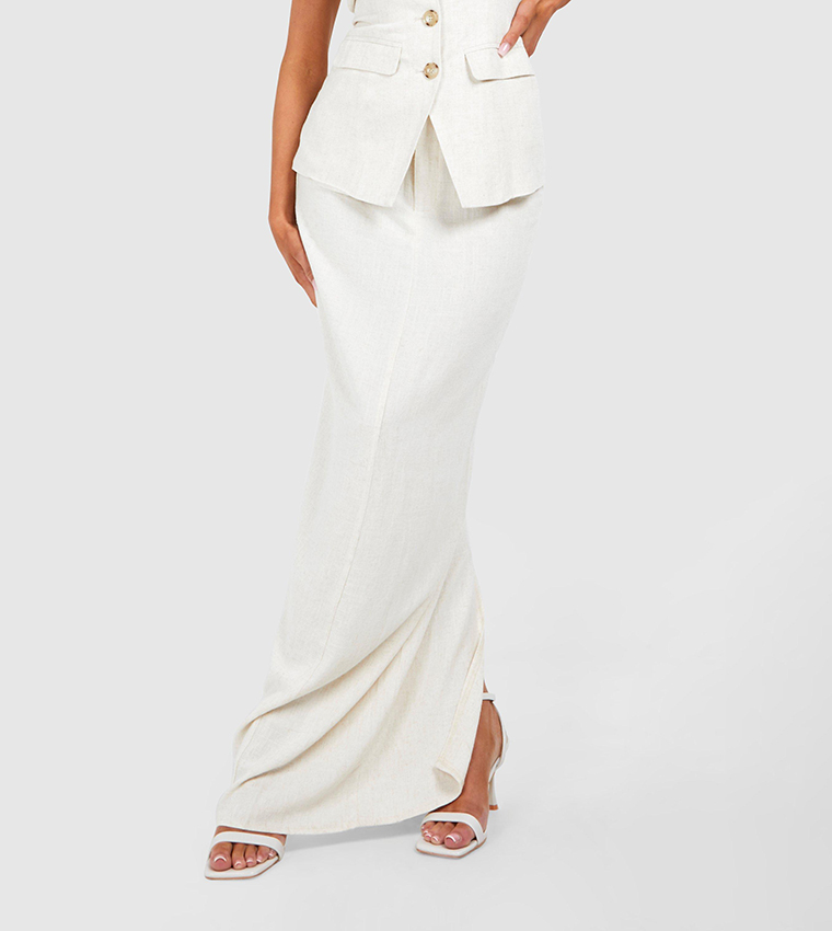 Linen Look Column Fitted Maxi Skirt