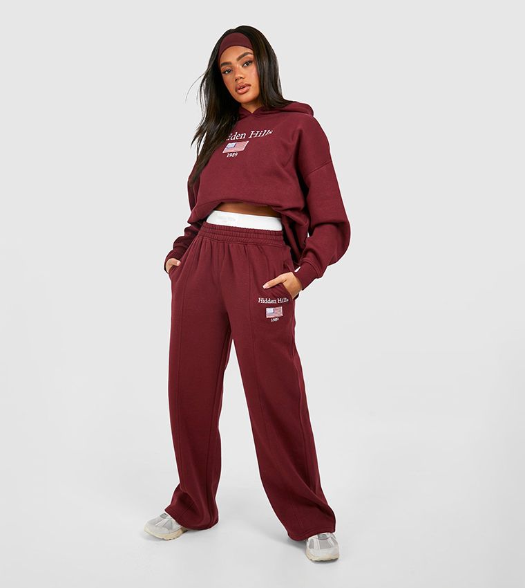 Buy Boohoo Hidden Hills Embroidered Double Waistband Joggers In Burgundy