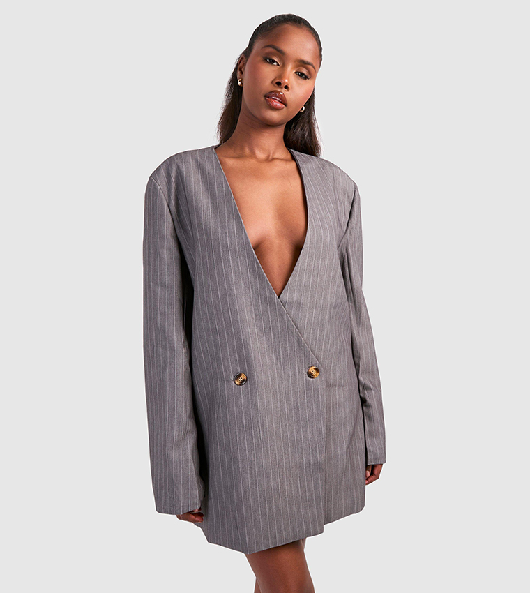 Grey Casual Blazer Dress Buy Boohoo Outlet Striped Oversized