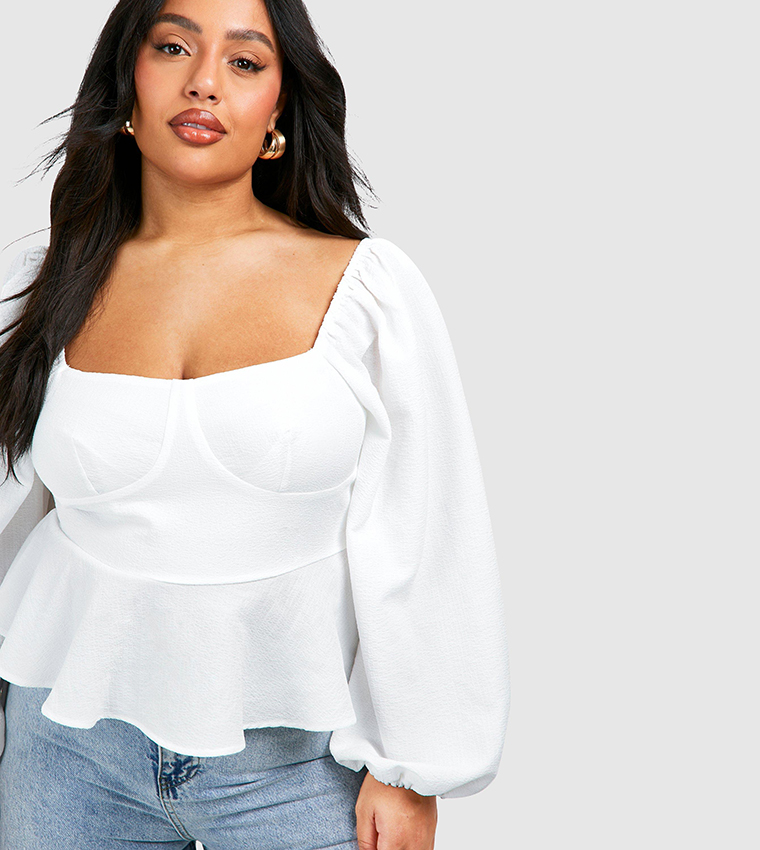 Buy Boohoo Curve Textured Seam Detail Peplum Top In White