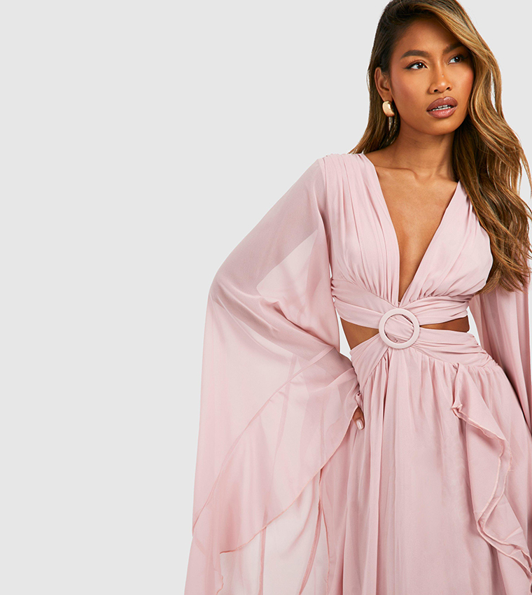 chinese dress ladies Spring V-Neck Hollow Out Maxi Dress with Flare Sleeves, Purple / S
